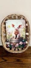 Rustic Baby Piglet, Metal And Wicker Wall Decor Plaque/Basket, Unique Farmhouse