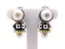 Lagos Caviar Silver 18k Yellow Gold 7mm White Pearl Stud Drop Earrings