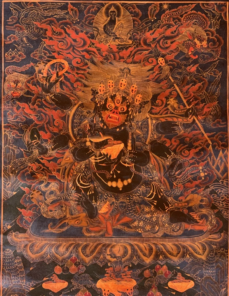 SEIS PROTECTORES ARMADOS MAHAKALA PINTURA ORIGINAL TIBETANA THANGKA - BARNIZADO AL ÓLEO Foto 2 de 4