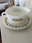 Vintage 1970's Pyrex Butterfly Gold Gravy Boat With Under Plate Mid Century