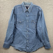 Vtg Wrangler Western Pearl Snap X-Long Tail Shirt Mens XL 17.5-35 Blue Denim USA
