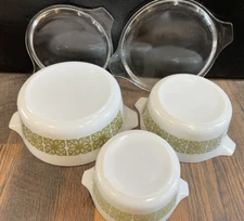 PYREX 3 Casserole Dishes 475 474 473 Verde Square Green Flowers 2 LIDS Set Lot