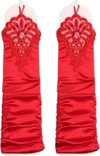Bridal Prom Costume Adult Satin Fingerless Gloves Red Elbow Length Party