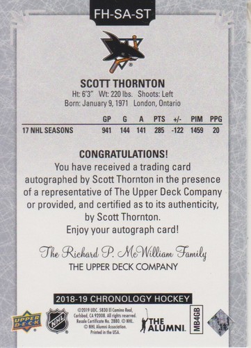 2018-19 Chronology Franchise History Autographs Scott Thornton - San Jose Sharks - Bild 2 von 2