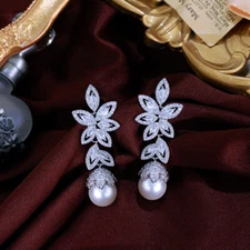 White Gold Plated Cubic Zirconia CZ Women Leaf Shape Pearl Drop Dangle Earrings
