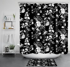Spring Country Black and White Floral Shower Curtain Bathroom Accessories Set