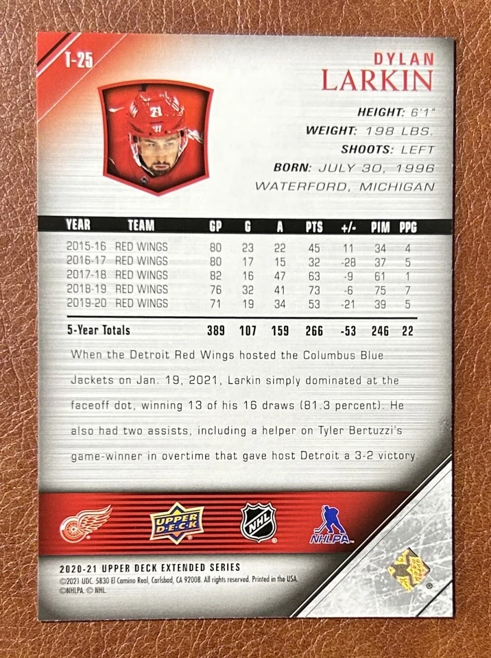 2020-21 Upper Deck Extended Series 05-06 TRIBUTE Dylan Larkin  #T-25 - Image 2 of 2