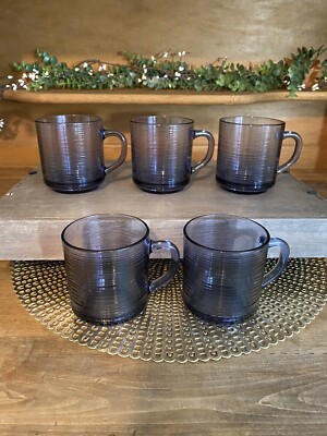 Set of 5 Arcoroc ? Purple/Amethyst Ribbed 12 oz Coffee Mug/Cup 3.5'' ~NICE~