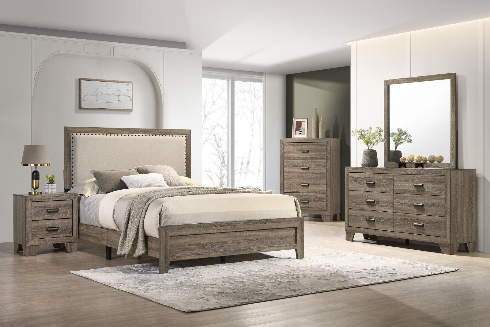NEW Upholstered Queen King Full Twin 5PC Brown Modern Rustic Bedroom B/D/M/N/C