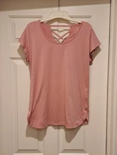 Tuff Athletics Women's Sz S Top Pink cross back stretchy athletic yoga tee shirt