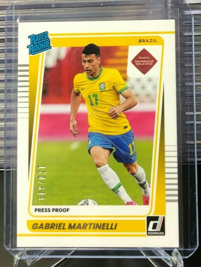 2021-22 Donruss Soccer Road Qatar GABRIEL MARTINELLI GOLD PRESS PROOF RC 110/349