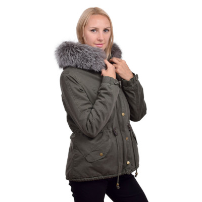 Damen Parka mit Silberfuchs Pelzbesatz Kapuze Jacke Silber Fuchs