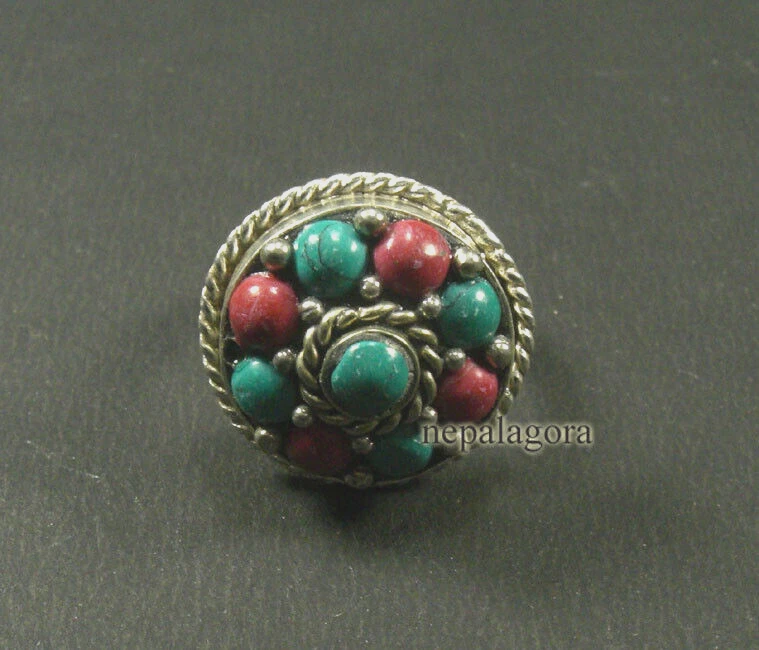 R23 Handmade size 10.5 Turquoise Coral Glass Tibetan Silver Finger Ring Nepal - Image 2 of 4