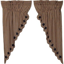 Lined Prairie Curtain Navy Star Appliqued Blue Dark Tan Check Country Drawstring