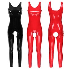 Womens Wet Look Leather Sleeveless Catsuit Crotchless Jumpsuit Leggings Clubwear