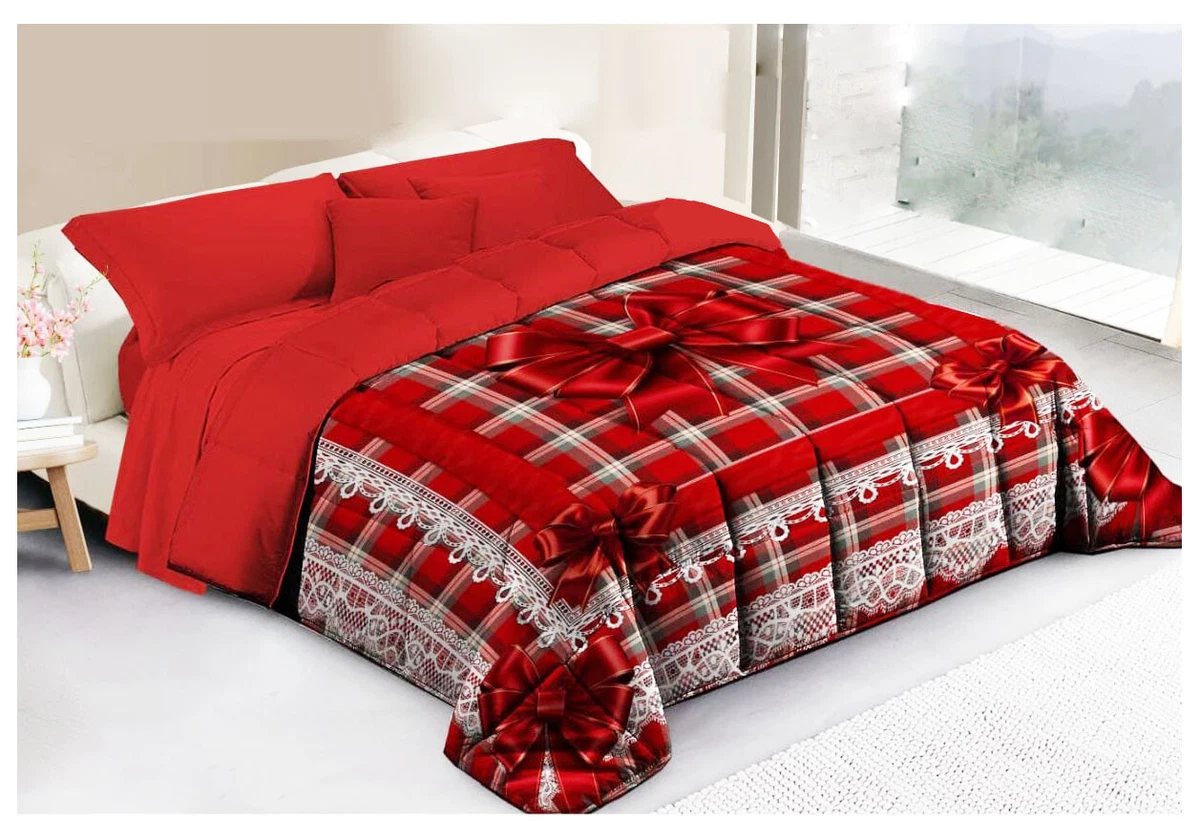 Trapunta Piumone Matrimoniale INVERNO Ribbon FIOCCO Tartan SCOZZESE Natale  Rosso