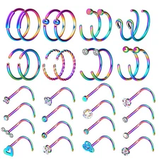 32 PCS CZ Nose Rings Hoop Screw Stud Surgical Steel Body Piercing Jewelry 20G