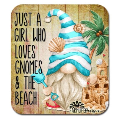 Gnome Beach Magnet Just a Girl Who Loves  4'' wide metal tin coastal decor gift 