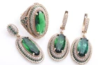 Turkish Handmade Jewelry Long Oval Shape White Topaz and Round Cut Emerald Set
