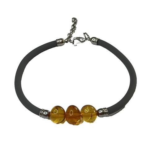 Bracelet En Acier Inoxydable Avec 5 Perles D'ambre Véritable - Fabriqué En France, Neuf Avec étiquettes