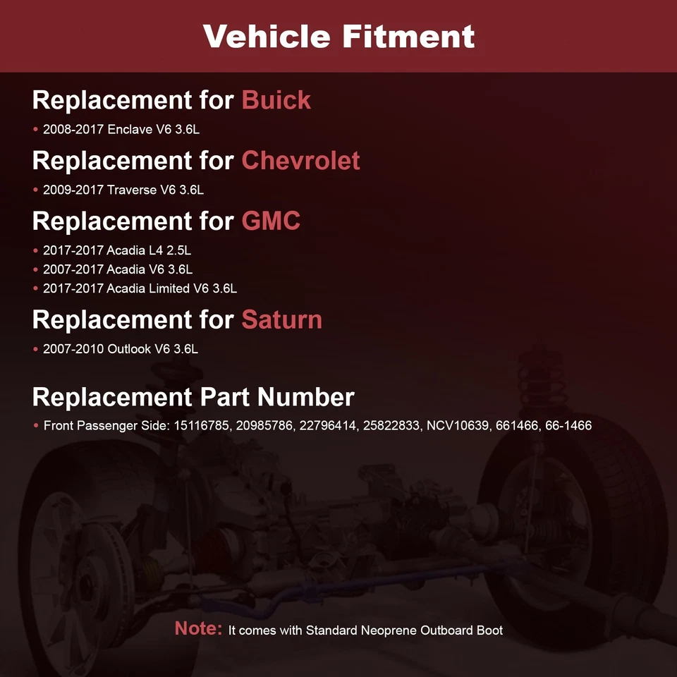 Conjunto de eje CV delantero derecho para Buick Enclave 2008-2017 2007-10 Saturn Outlook Foto 2 de 4