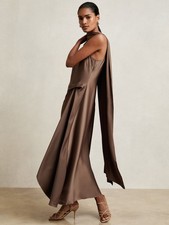 REISS Michelle Cape-Midikleid Satin Biesendetail Taupe Braun UK Größe 18
