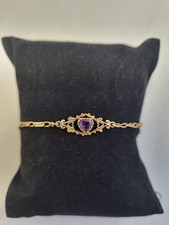 9ct Gold Bracelet Figaro Chain Link With Amethyst Heart Detail. PC600749