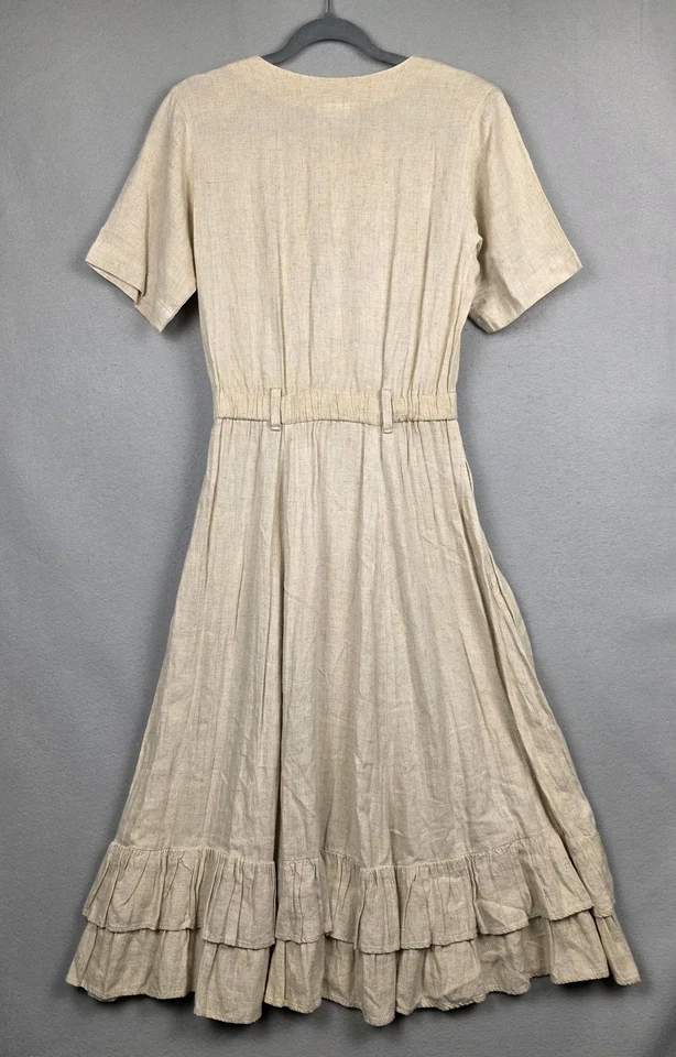 Vestido Coldwater Creek para mujer Petite XS beige lino maxi bolsillos con volantes hecho en EE. UU. Foto 2 de 4