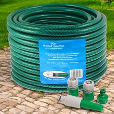 30m Garden Hose Pipe + 5pc Fittings 100ft Reinforced Braided Watering Hosepipe