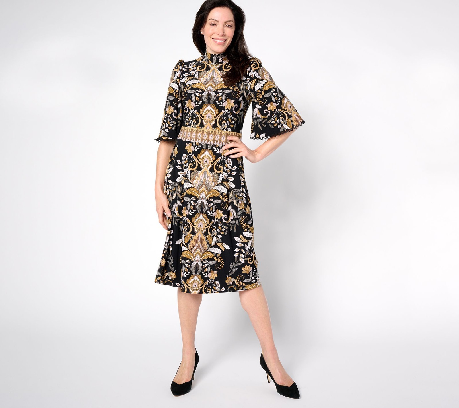 Susan Graver Women's Dress Sz M Printed Liquid Knit Mock Multi-colored A697906