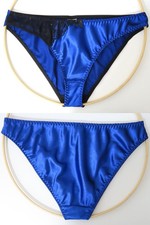 NEW Men's Women's Elegant Shiny Royal Satin Blue Bikini Panties Black Lace Sz L
