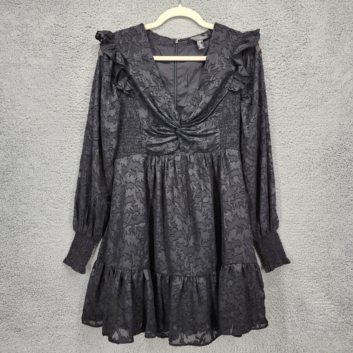 AQUA Small Black Floral Smocked Waist Ruffled V-Neck Long Sleeve Mini Dress  | eBay