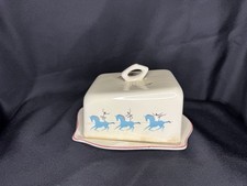 RARE Vintage MCM Beswick Circus Butter Dish Blue Horses Acrobats Ceramic England