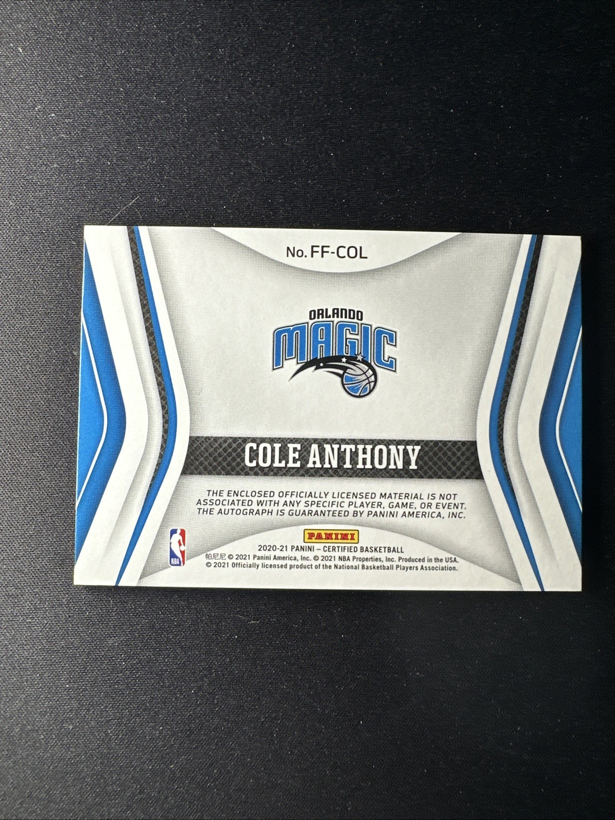 2020-21 Certified Freshman Fabric Cole Anthony Rookie Patch Auto RPA /49 Blue BT view 3