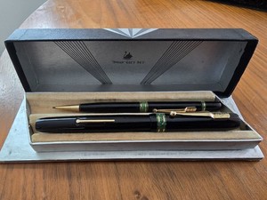 Vintage Mabie Todd Swan 44 Eternal Fountain Pen/Pencil Set (Black/jade) Working
