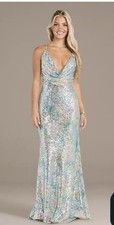 Brand New W/Tags Prom Dress Multi Pattern Sequin Cowl Sheath Gown