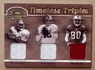 MONTANA RICE TAYLOR 2003 DONRUSS CLASSICS TIMELESS TRIPLES GW PATCHES /150 HOF-2