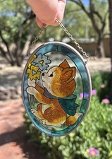 Sun Catcher Stained Glass Kitty Cat Flowers Window Hanging Art 4.5"
