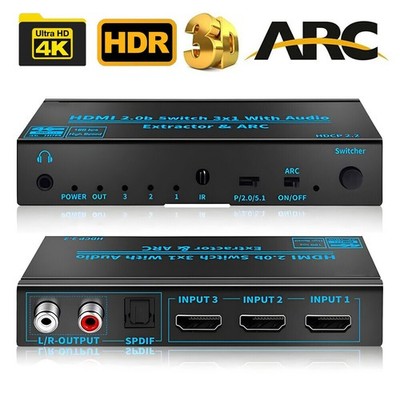 HDMI Switch With Audio Extractor & ARC 4K 60Hz HDMI2.0b 3in1 out Switcher 3D
