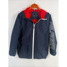 Tommy Hilfiger Navy Jacket with Red Hood and White Zip. Youth Large 16/18.
