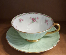 Juego de tazas y platillos Shelley Fine Bone China pintados rosa nupcial oro blanco verde
