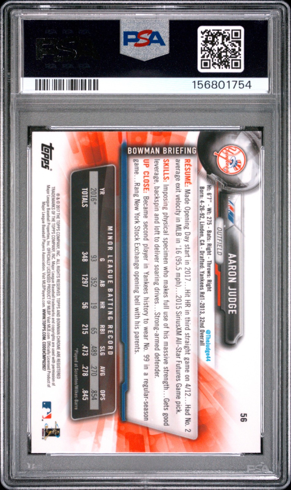 2017 BOWMAN CHROME #56 AARON JUDGE ROOKIE RC PSA 10 view 2
