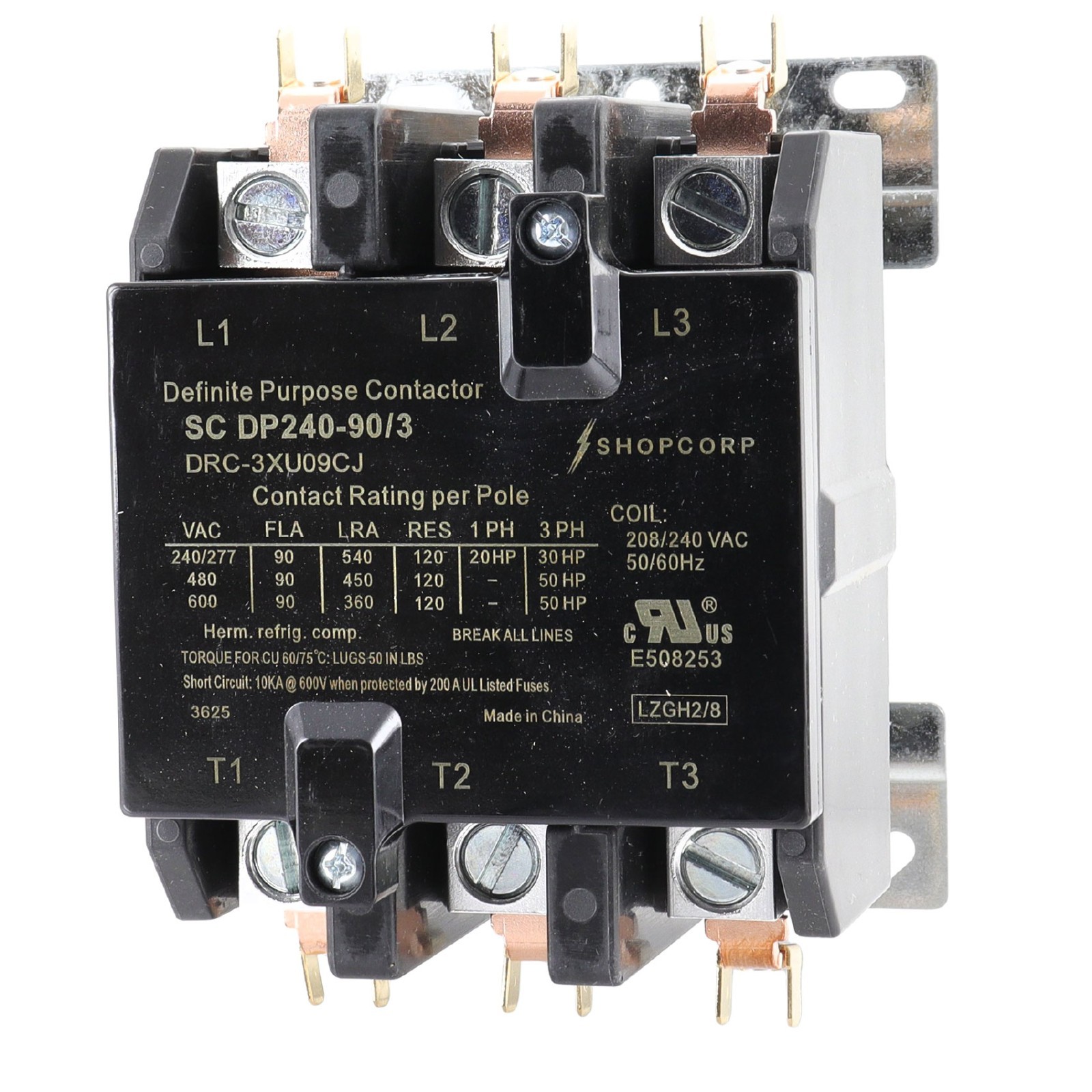 AC Contactor 90 Amp 75 RES 3 Pole 208/240VAC Coil Definite Purpose UL Recognized