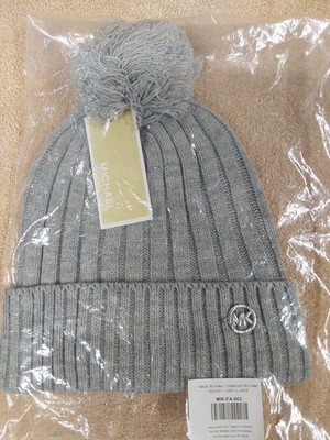 Michael Kors Gray Knit Acrylic Pom-Pom Beanie Hat One Size Logo Accent Winter