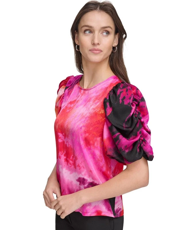 DKNY Women's Printed Puff-Sleeve Top (Shocking Pink, X-Small) - Image 4 of 4