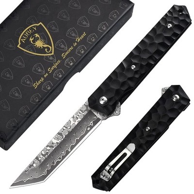 AUBEY Damascus Pocket Knife, Tanto VG10 Core Damascus Steel Folding Knives wi...