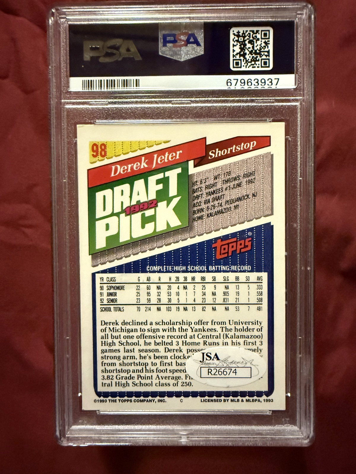 1983 DEREK JETER PSA/DNA CERT #98 EX-MT 6 AUTO 10 CARD. SCHOLARSHIP OFFER. view 2