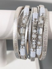 Boho Gray Glass Faux Leather Multi Cord Magnetic Bracelet 6.5"