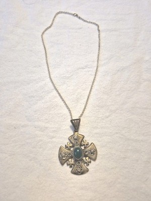 VINTAGE JERUSALEM LARGE MALTESE CROSS GREEN CABACHON CENTER STERLING SILVER 800 