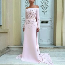 Off the Shoulder A Line Long Sleeves Evening Dresses Satin Sequined Crystal